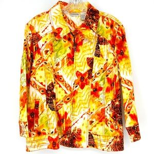 Chico's Jacket Winter Autumn Fall Zip Front Jacket Orange Brown Yellow Size 12